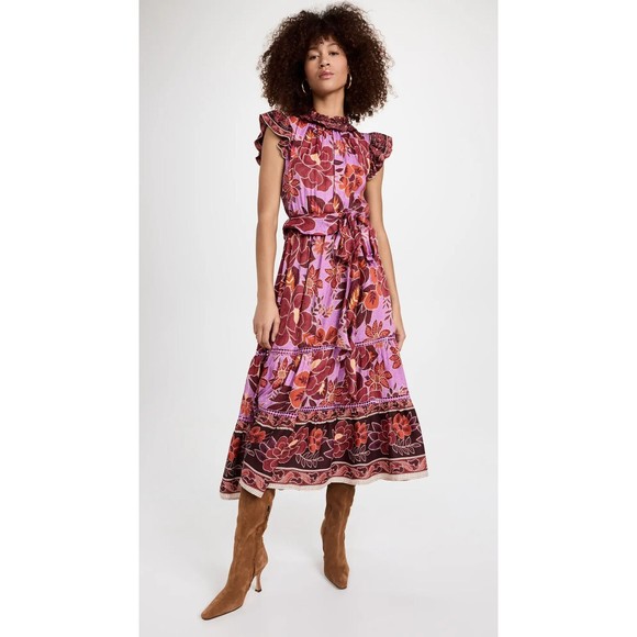 Farm Rio XL Sweet Floral Midi Dress Lilac Purple Belted Ruffles Tiered New $255 - Picture 6 of 7
